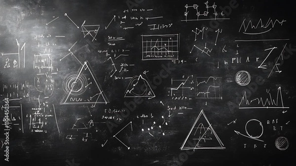 Fototapeta A chalkboard filled with various mathematical equalization symbols background