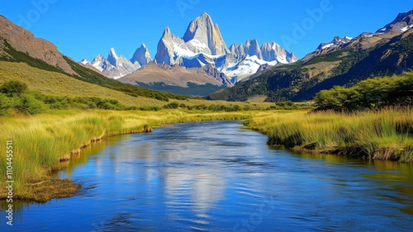 Obraz 青空と清流が流れる山間の風景