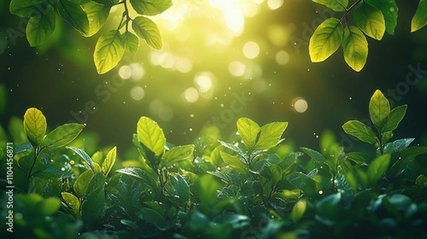 Fototapeta A serene scene of lush green leaves illuminated by soft sunlight, creating a tranquil atmosphere.