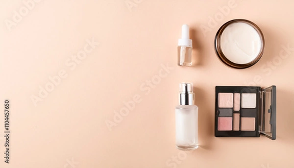 Fototapeta Makeup, dropper, cream, mist, spray, foundation, emulsion, moisturizer, colorful, powder, top view