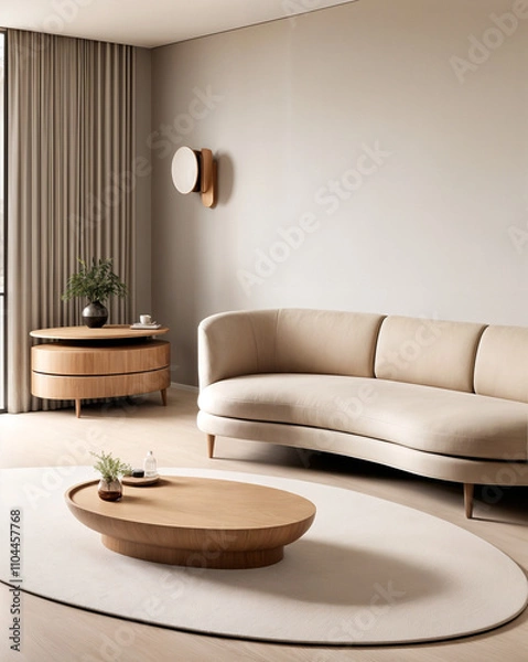 Fototapeta Stylish curved modern sofa in a minimalist living room setting with chic wooden side tables and soft rug with picture on the wall. Beige color
