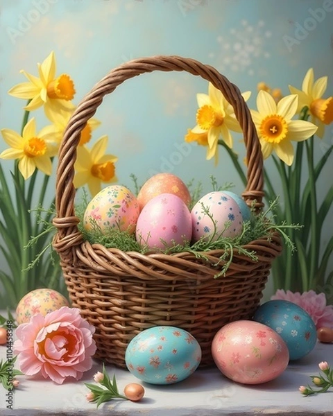 Obraz Card with easter eggs in a basket with flowers