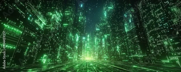 Fototapeta Futuristic 3D digital cityscape illuminated in glowing green grid lines against a dark background, representing advanced technology and connectivity