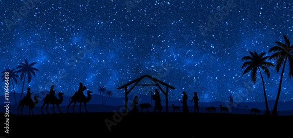 Fototapeta Christmas Nativity scene illustration. Three Wise Mmen arrive to the stable, desert setting at night. Characters silhouettes on blue starry sky background.