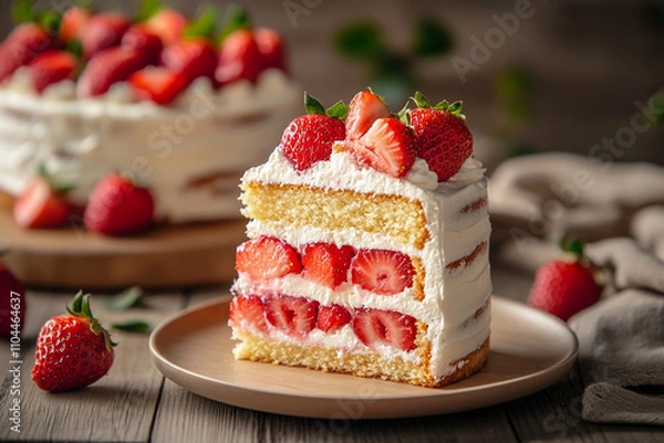 Fototapeta A slice of strawberry cake with whipped cream on top. 