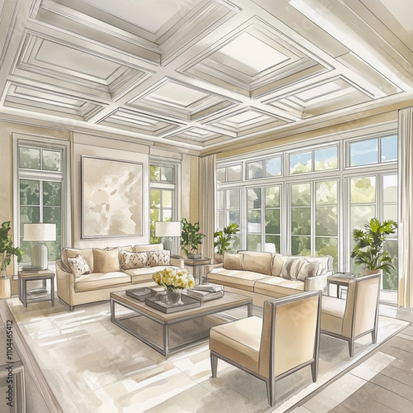 Fototapeta Spacious and inviting living room features modern decor and abundant natural light