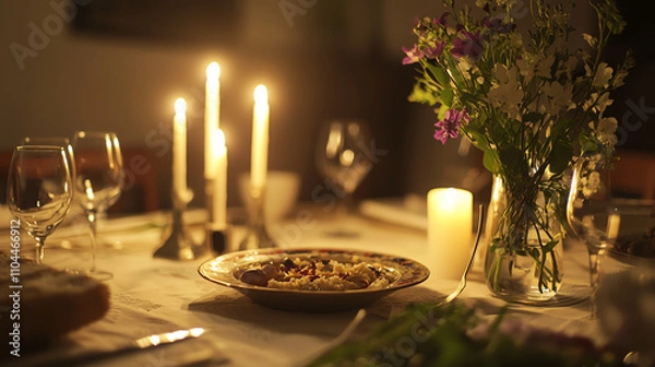Fototapeta Elegant springtime Passover Seder table setting featuring traditional elements and soft candlelight
