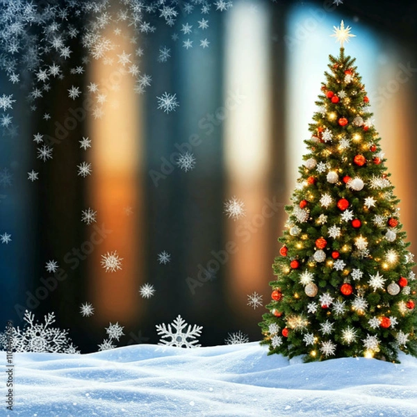 Fototapeta Christmas Background With Snowflakes And Christmas Tree