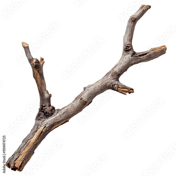 Fototapeta Close-up of a weathered, dry tree branch with broken twigs, isolated on a transparent background, perfect for nature-themed designs