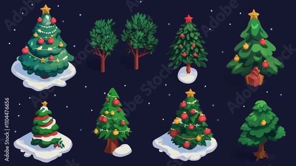 Fototapeta Isometric Christmas tree, 3d fir pine tree, winter holidays symbol. Winter holidays decorated green fir trees vector symbols illustrations set. Vector Christmas trees collection