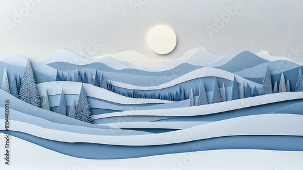 Obraz Illustration minimaliste en papier découpé d'un paisible paysage d'hiver