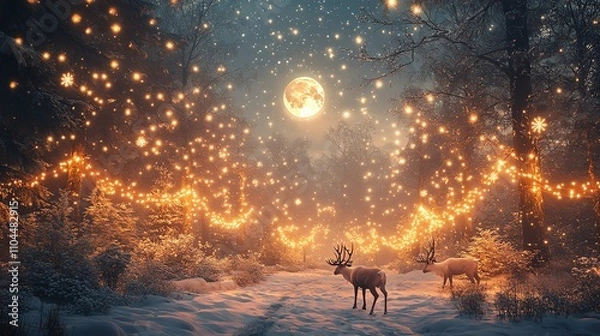 Fototapeta Magical winter scene. Two majestic reindeer stand in a snow-covered forest path, illuminated by warm fairy lights strung between trees.