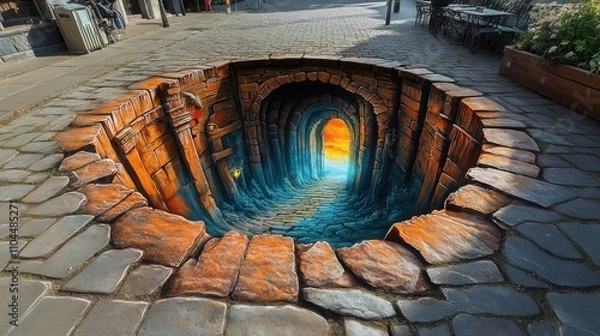 Fototapeta 3D street painting creates the illusion of a deep tunnel, with vibrant colors and intricate details that draw viewers in, transforming the pavement into a portal to another world.