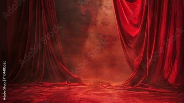 Fototapeta Luxurious red velvet curtains in a dramatic setting
