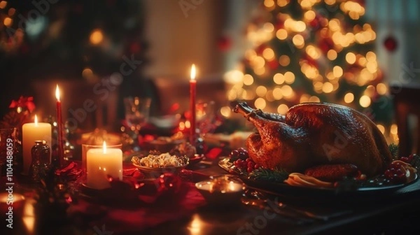 Fototapeta Here's a description inspired by stock image descriptions, keeping it under 100 characters:  Warm candlelight illuminates a festive Christmas dinner.