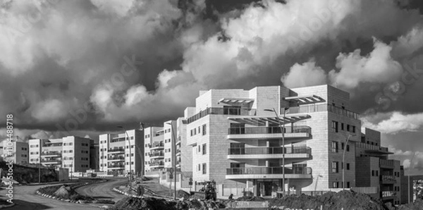 Fototapeta New ready residential neighborhood - last development steps before populating. panoramic view, Black and White