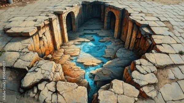 Obraz 3D street art illusion of a deep chasm, revealing a vibrant blue water flow, expertly blending art with urban landscape.