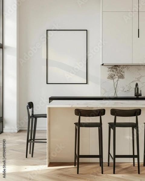 Fototapeta Modern kitchen interior with a white countertop. two black bar stools. and a framed abstract art print on a white wall