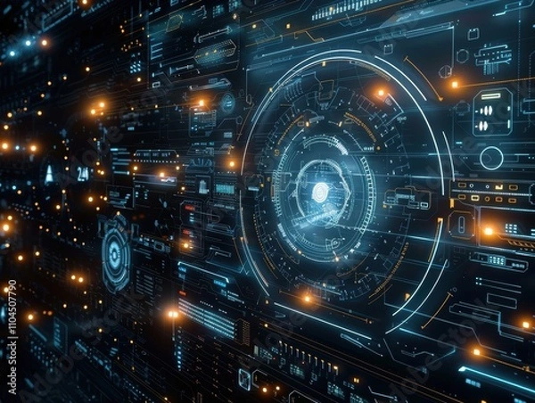 Obraz Futuristic digital interface with glowing data and holographic elements.