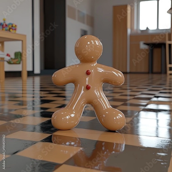 Fototapeta A glossy, 3D-rendered gingerbread man stands on a shiny checkered floor in a brightly lit room.