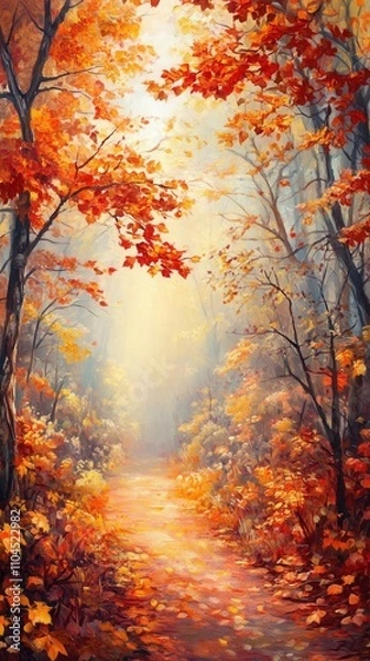 Fototapeta Golden autumn forest, leaves scattered on a path, sunbeams shining through branches, richly detailed foliage
