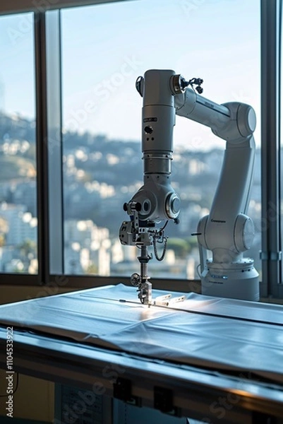 Fototapeta A sewing robot works diligently on a fabric piece in a well-lit workshop. The large windows showcase a stunning city skyline under a colorful sunset, creating a productive atmosphere