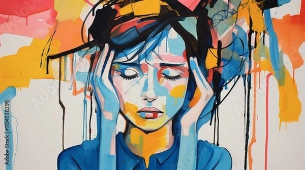 Fototapeta Beautiful Black Woman in Abstract Vector Art Illustration with Halloween Theme and Music Elements