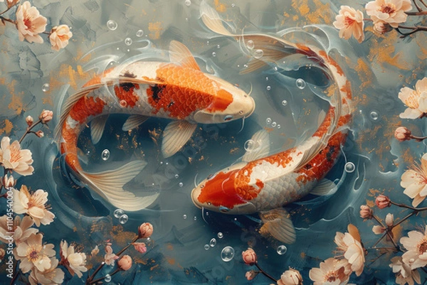 Fototapeta two colorful koi carp in the water, surrounded by algae and flowers.  