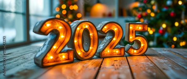 Fototapeta illuminated wooden 2025 numbers on rustic table