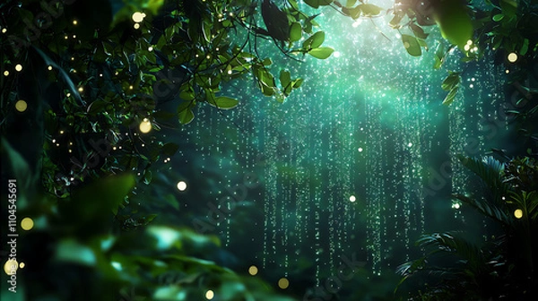 Fototapeta serene jungle scene with cascading light and lush greenery, evoking tranquility and wonder. atmosphere is magical and enchanting, perfect for nature lovers