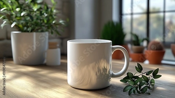 Fototapeta Cozy Morning Scene with Coffee Mug and Indoor Plants by Sunlit Window : Generative AI