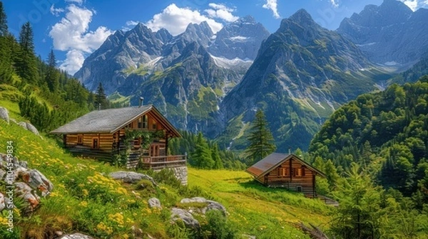 Obraz Scenic view of rustic cabins nestled in lush green valley with majestic mountains.