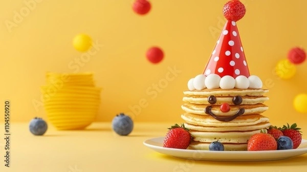 Obraz Pancake stack with a cheerful clown face, strawberry hat, blueberry eyes, and chocolate smile, festive for birthday or party menu