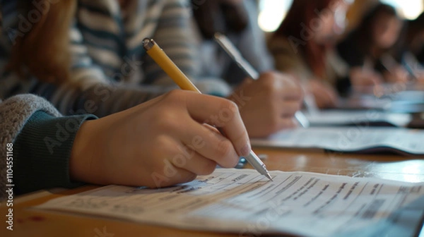 Fototapeta hands of students writing on paper. The photo is taken in close-up, focusing on the writing process.  