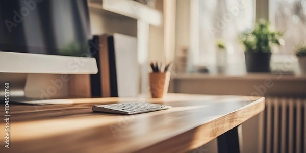 Fototapeta Modern minimalist wooden desk workspace with natural light in cozy home office interior : Generative AI