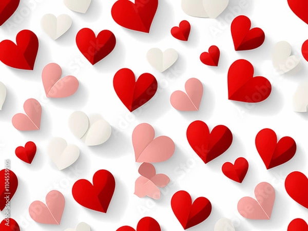 Fototapeta a seamless pattern of small red hearts on white background, papercraft style.