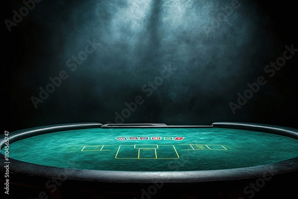 Fototapeta Empty poker table with dramatic overhead spot lighting, green felt surface.