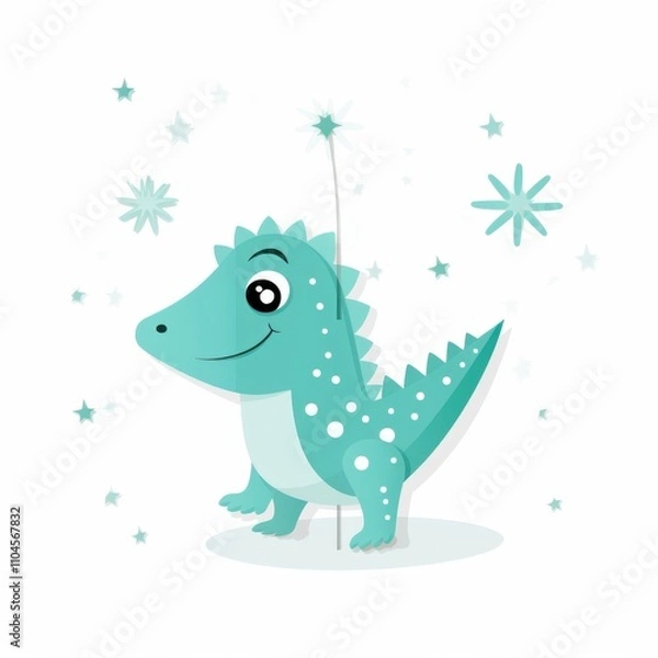 Fototapeta Cute Cartoon Dinosaur Character with Sparkling Stars and Whimsical Design Perfect for Children's Products, Educational Materials, and Fun Illustrations in Bright Colors