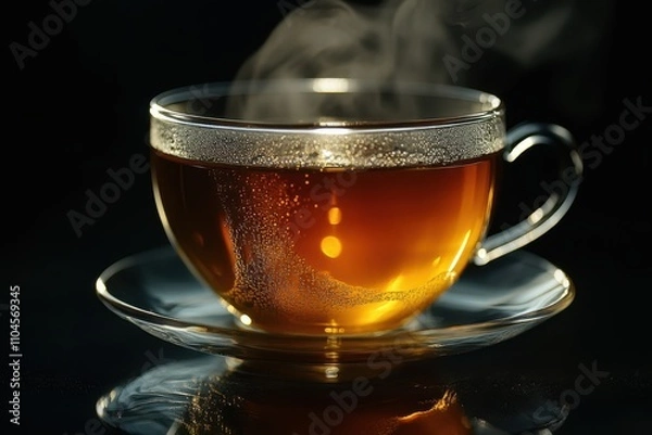 Fototapeta A steaming cup of tea sits elegantly on a reflective surface, showcasing bubbles and a warm amber hue, This soothing image is perfect for wellness, relaxation, and culinary content,