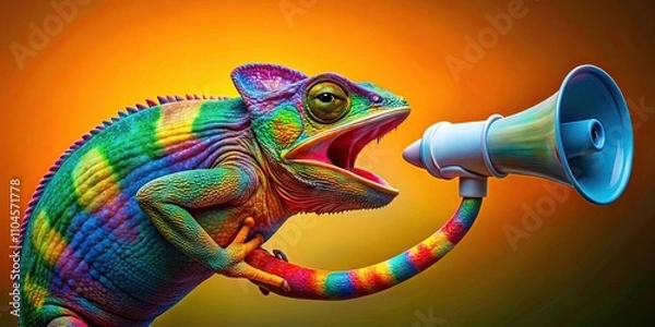 Obraz Vibrant chameleon holding a megaphone on a colorful gradient background