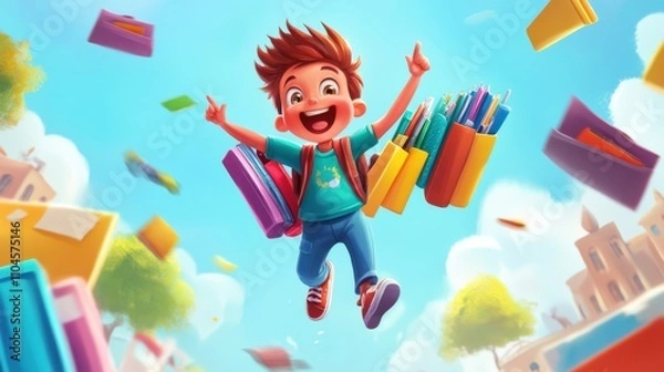 Fototapeta Joyful child jumping with school supplies and colorful books
