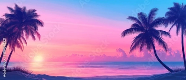 Fototapeta A serene beach sunset with palm trees and a colorful sky.