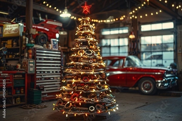 Fototapeta An eye-catching holiday tree constructed from tools and gear stands in a vintage garage. The festive decoration glows with lights, surrounded by classic cars and garage decor
