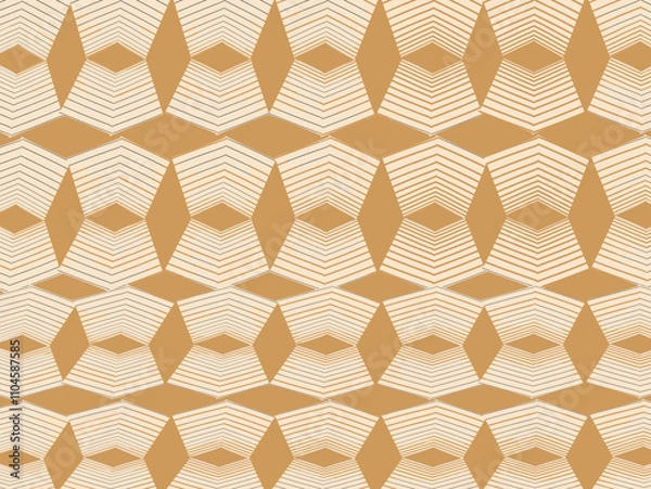 Obraz his design features a repeating geometric pattern with interlocking hexagonal and diamond shapes. The primary colors are a warm beige and ochre, creating a harmonious, earthy palette. 