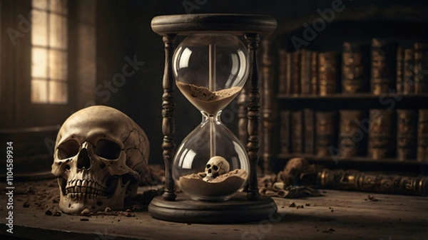 Obraz Concept of death with hourglass and skull, Close-up Picture of a Hourglass Of Death, The Hourglass Ticks and Reminds of Death, An hourglass with Skull in it