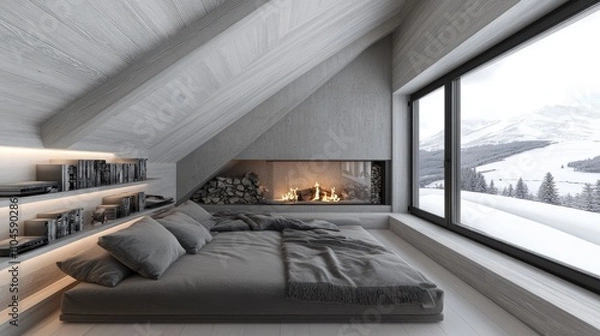 Obraz Cozy Modern Bedroom with Scenic Mountain View and Fireplace