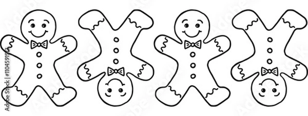 Fototapeta sweet cookie  gingerbread men with smily face icing and buttons black and white linear vector food  seamless border or pattern isolated on white background