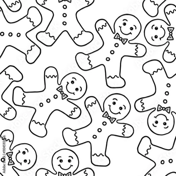 Fototapeta sweet cookies gingerbread men with smily faces icing and buttons messy black and white linear vector food  seamless pattern isolated on white background