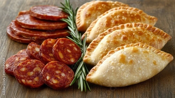 Fototapeta Savory Empanadas with Slices of Spicy Chorizo on Wooden Background
