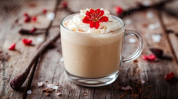 Fototapeta Creamy Beverage with Whipped Topping and Flower Garnish on Wood Table